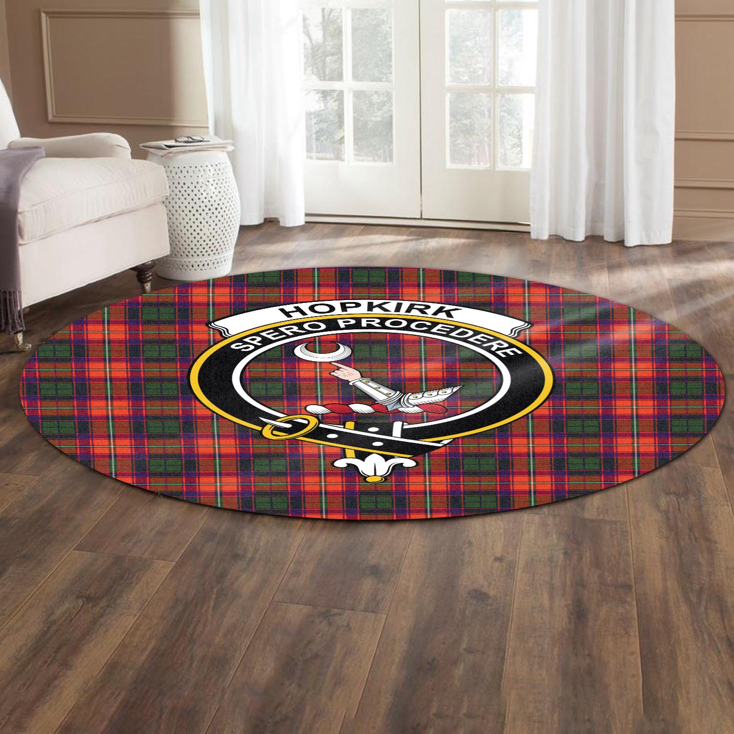 Hopkirk Tartan Round Rug with Family Crest - Tartan Vibes Clothing