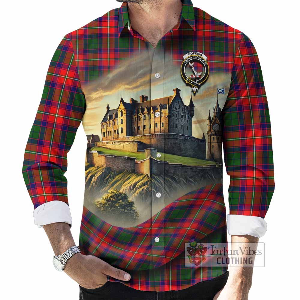Tartan Vibes Clothing Hopkirk Tartan Family Crest Long Sleeve Button Shirt with Scottish Ancient Castle Style