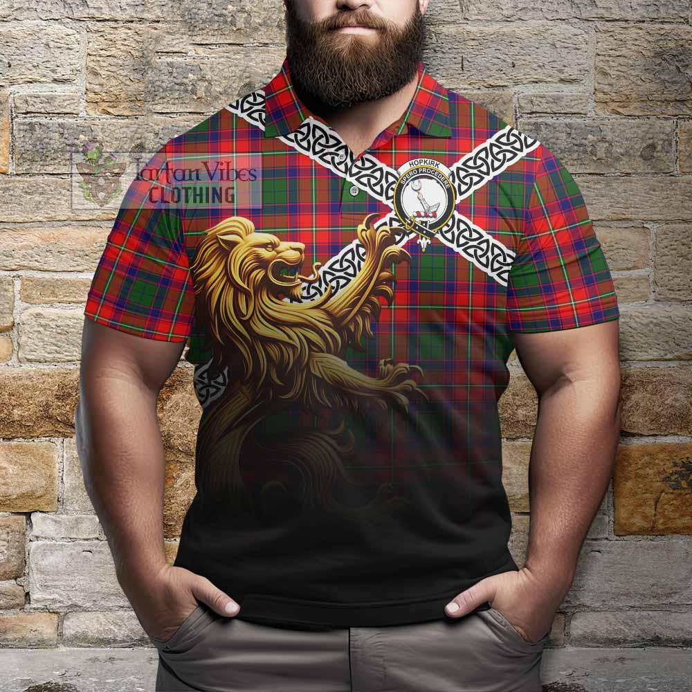 Hopkirk Crest Tartan Polo Shirt with Golden Lion Emblem Celtic Style - Tartan Vibes Clothing