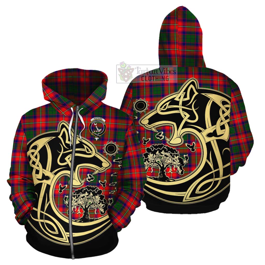 Hopkirk Tartan Cotton Hoodie with Family Crest Celtic Wolf Style - Tartan Vibes Clothing