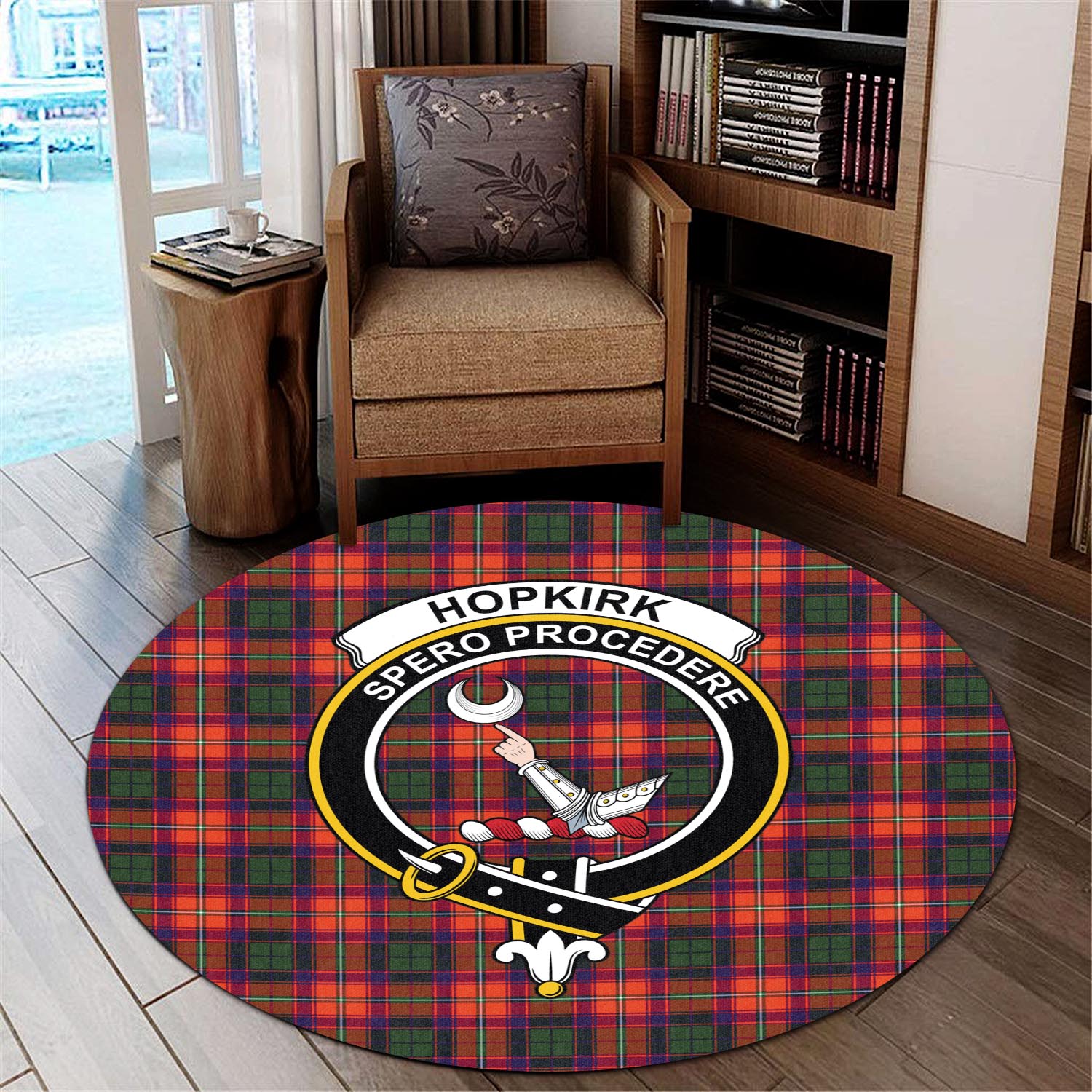 Hopkirk Tartan Round Rug with Family Crest - Tartan Vibes Clothing