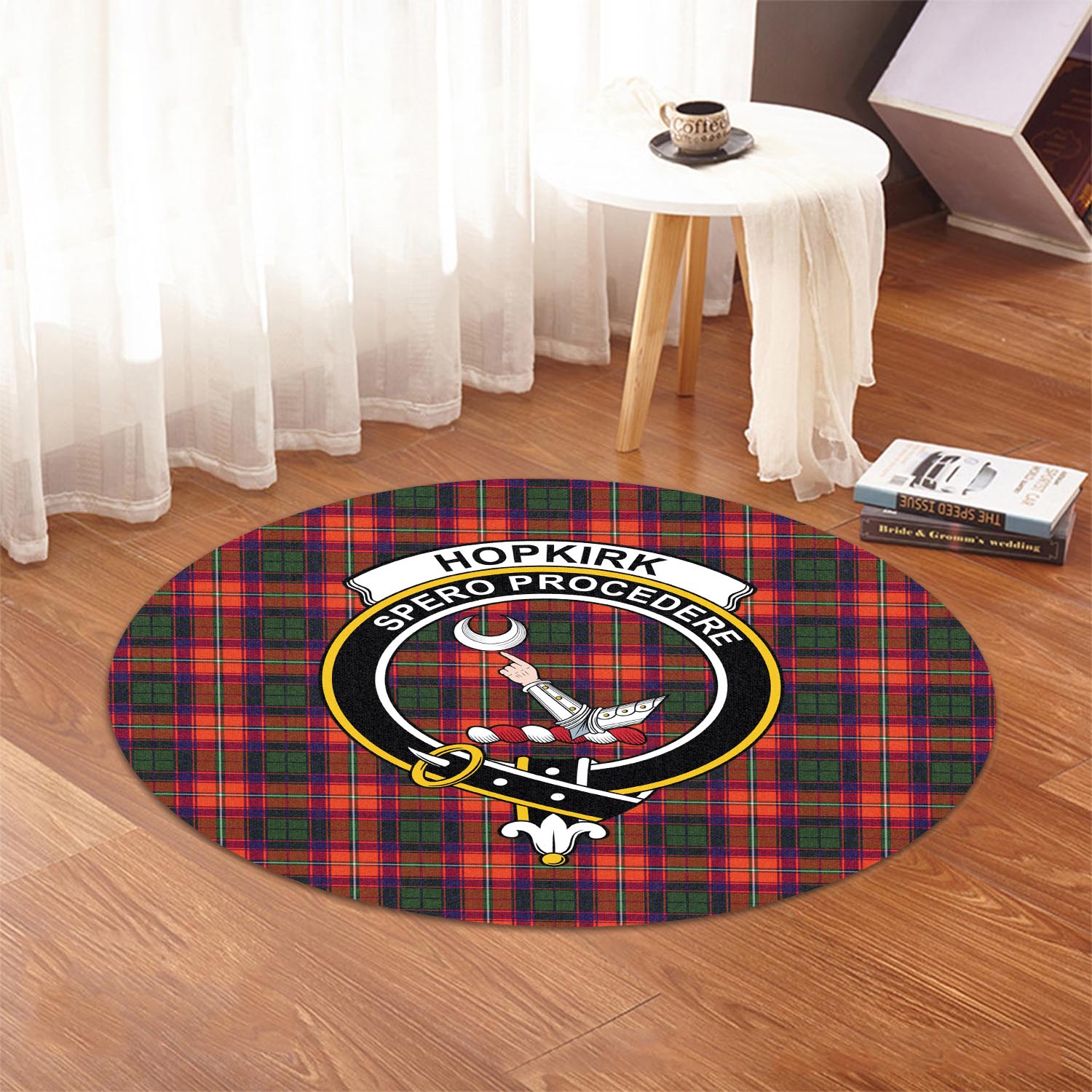 Hopkirk Tartan Round Rug with Family Crest - Tartan Vibes Clothing