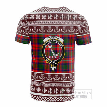 Hopkirk Clan Tartan Christmas Cotton T-shirt with Family Crest