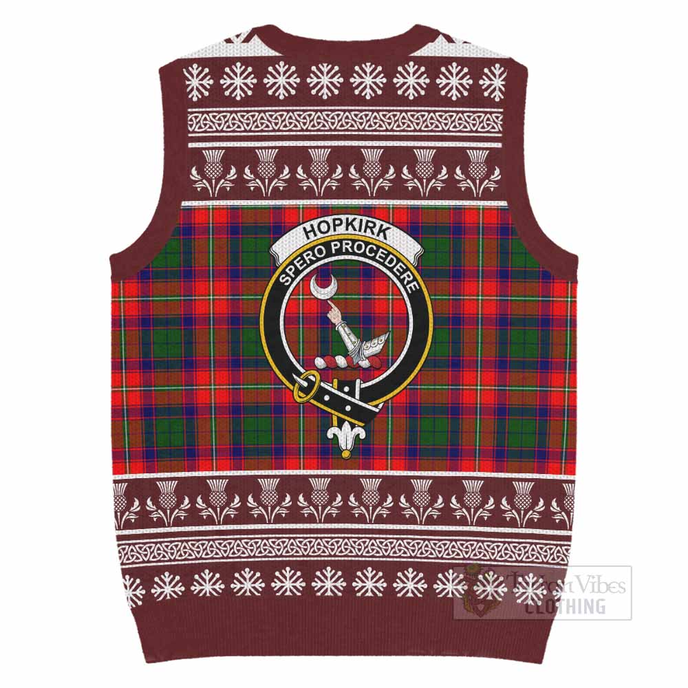 Hopkirk Clan Tartan Christmas Knitted V-Neck Vest with Family Crest - Tartan Vibes Clothing