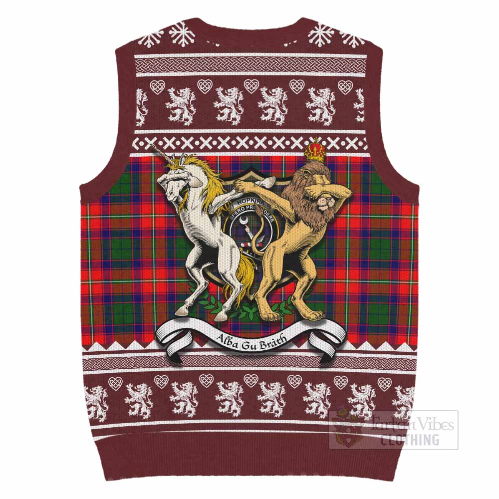 Hopkirk Clan Tartan Crest Christmas Knitted V-Neck Vest Coat of Arms Funny Style - Tartan Vibes Clothing