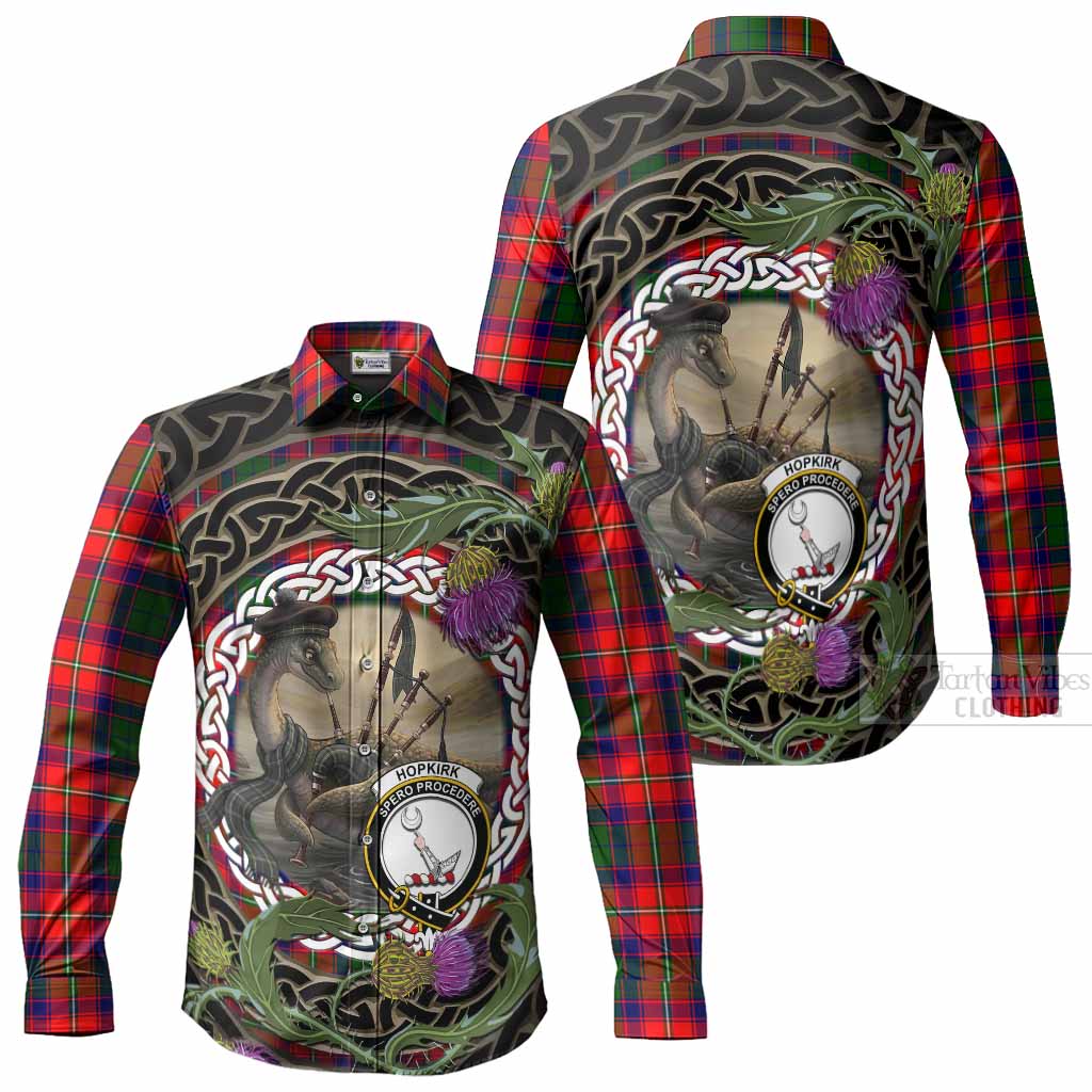 Hopkirk Tartan Crest Bagpipe Nessie Long Sleeve Button Shirts Scottish Loch Ness Monster Celtic Thistle