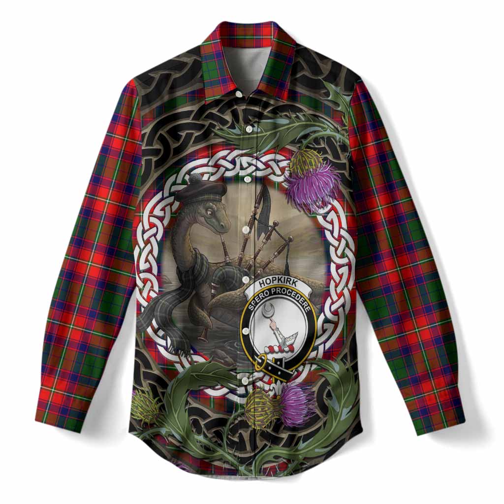 Hopkirk Tartan Crest Bagpipe Nessie Women Casual Shirt Scottish Loch Ness Monster Celtic Thistle