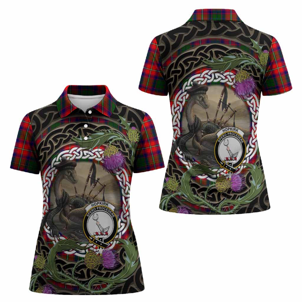 Hopkirk Tartan Crest Bagpipe Nessie Women Polo Shirt Scottish Loch Ness Monster Celtic Thistle