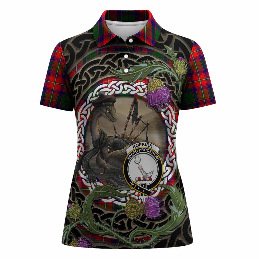 Hopkirk Tartan Crest Bagpipe Nessie Women Polo Shirt Scottish Loch Ness Monster Celtic Thistle