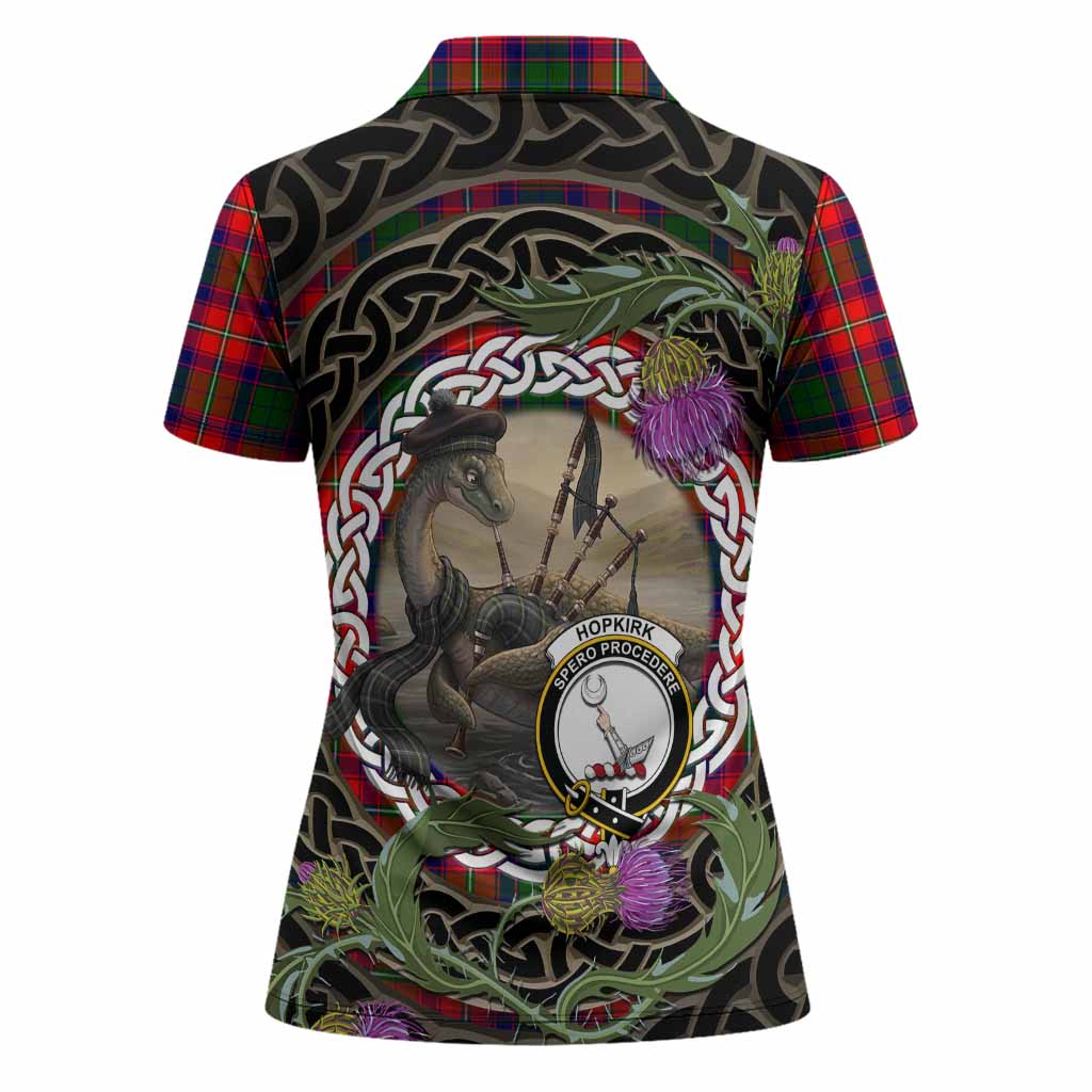 Hopkirk Tartan Crest Bagpipe Nessie Women Polo Shirt Scottish Loch Ness Monster Celtic Thistle