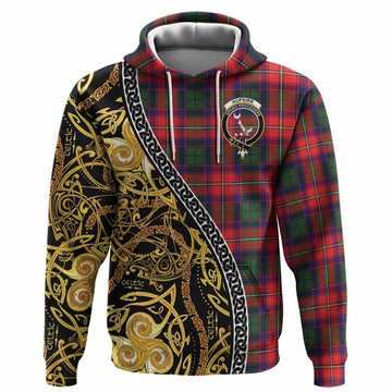 Hopkirk Tartan Crest Hoodie Celtic Knot and Triple Trickle Spiral Symbols