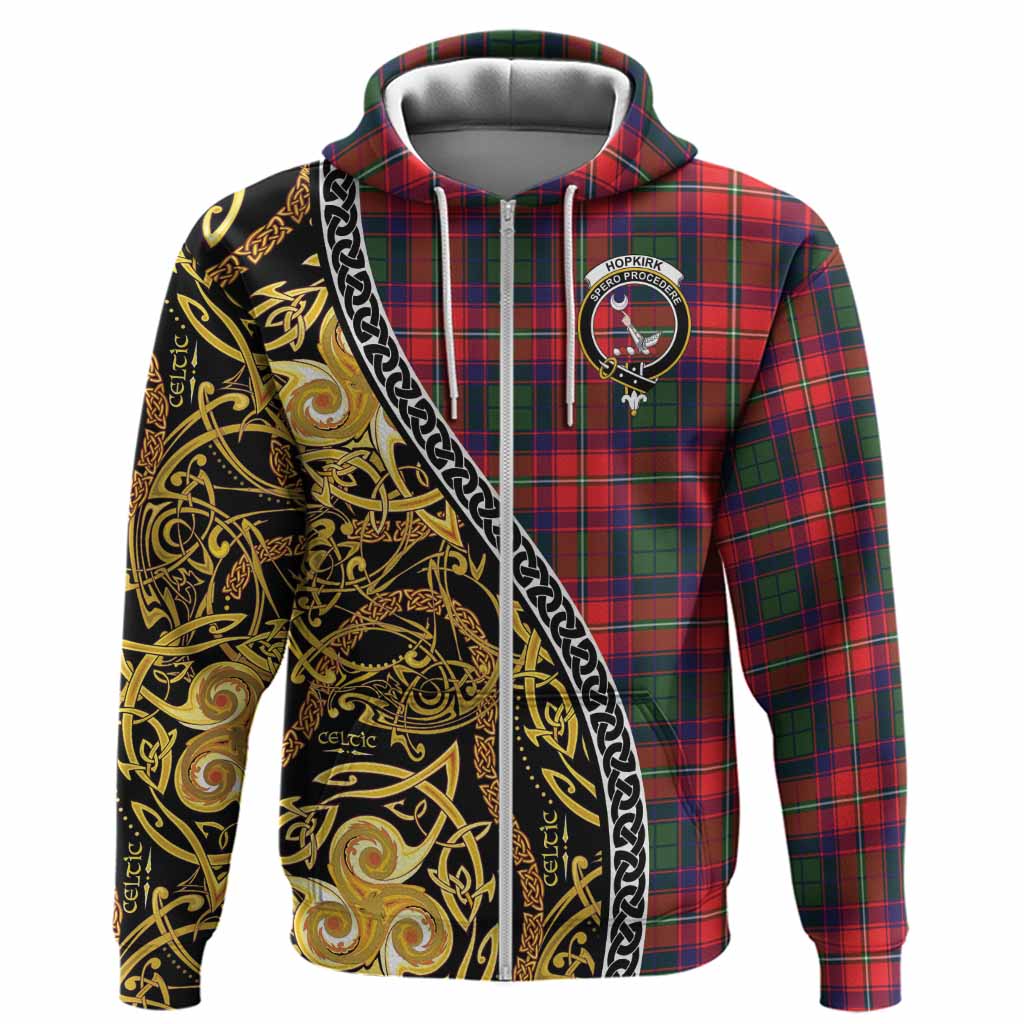 Hopkirk Tartan Crest Hoodie Celtic Knot and Triple Trickle Spiral Symbols