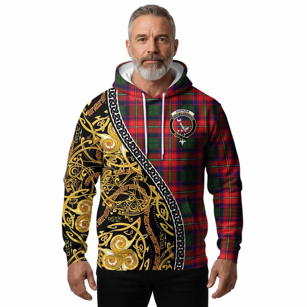 Hopkirk Tartan Crest Hoodie Celtic Knot and Triple Trickle Spiral Symbols