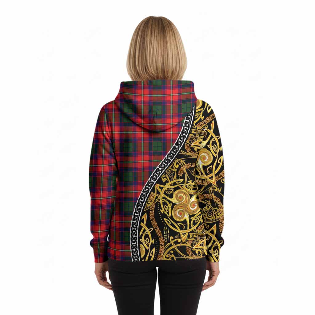 Hopkirk Tartan Crest Hoodie Celtic Knot and Triple Trickle Spiral Symbols