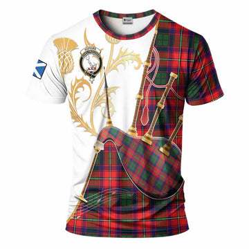 Hopkirk Tartan Family Crest T-Shirt Bagpipes with Scottish Thistle