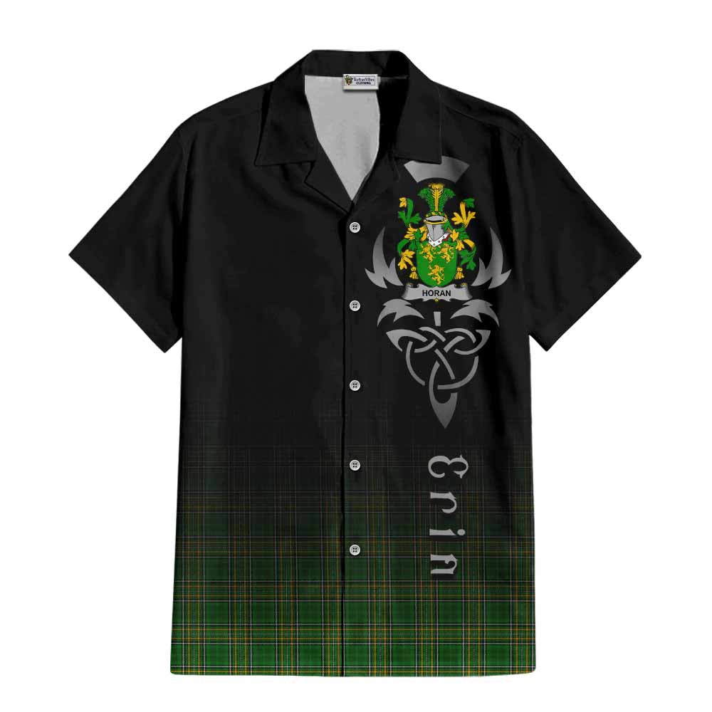 Tartan Vibes Clothing Horan Irish Clan Short Sleeve Button Shirt with Coat of Arms Erin Go Bragh Celtic Inspired