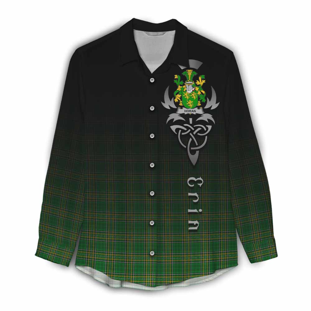 Tartan Vibes Clothing Horan Irish Clan Women's Casual Shirt with Coat of Arms Erin Go Bragh Celtic Inspired