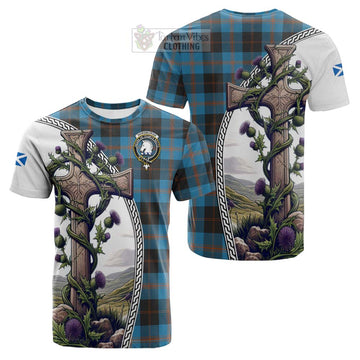 Tartan Vibes Clothing Horsburgh Tartan Cotton T-shirt with Family Crest and St. Andrew's Cross Accented by Thistle Vines
