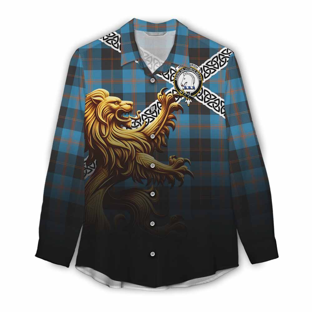 Horsburgh Crest Tartan Women's Casual Shirt with Golden Lion Emblem Celtic Style Female - Tartan Vibes Clothing