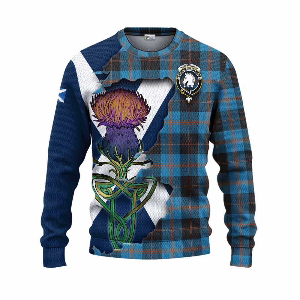 Tartan Vibes Clothing Horsburgh Tartan Family Crest Knitted Sweater Scottish Thistle Celtic Inspired