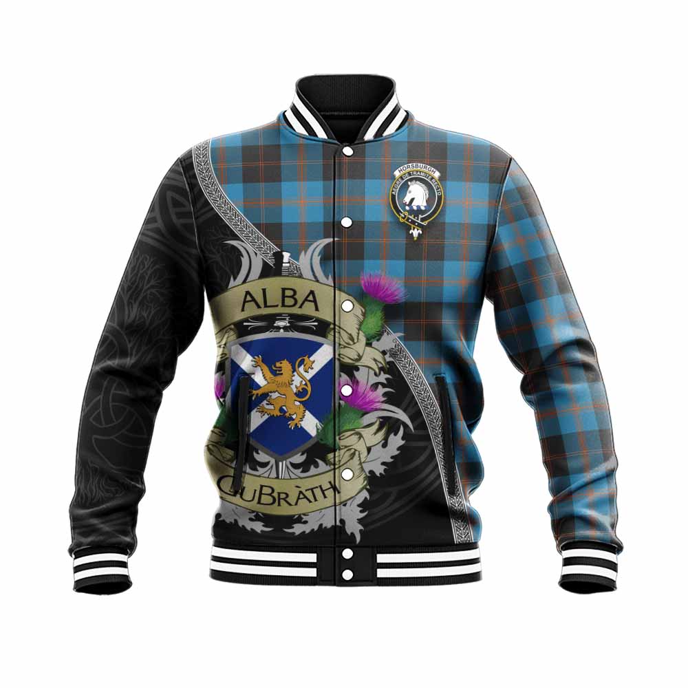 Horsburgh Tartan Family Crest Baseball Jacket Lion Rampant Royal Thistle Shield Celtic Inspired Unisex - Tartan Vibes Clothing
