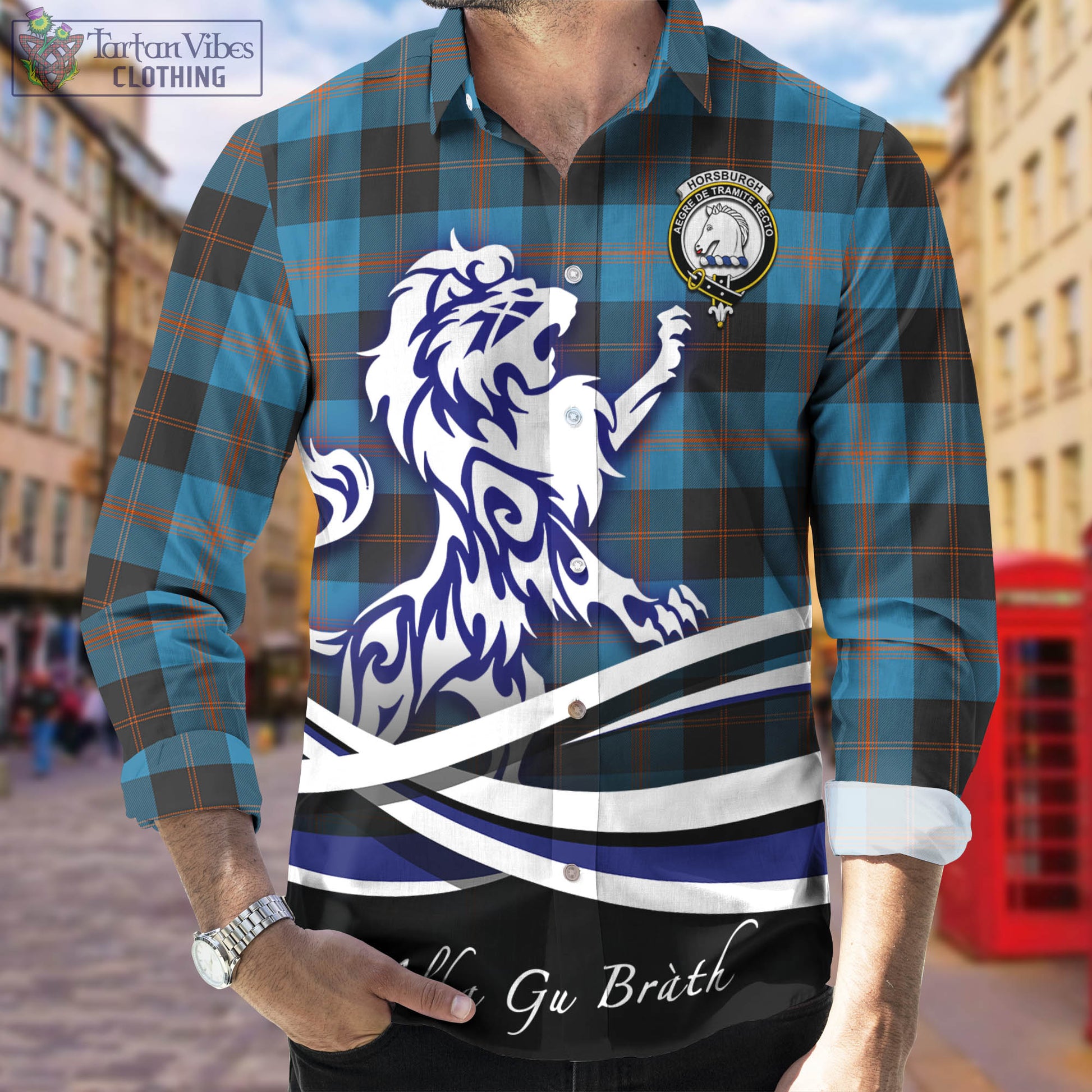Horsburgh Tartan Long Sleeve Button Up Shirt with Alba Gu Brath Regal Lion Emblem Men's Shirt - Tartan Vibes Clothing