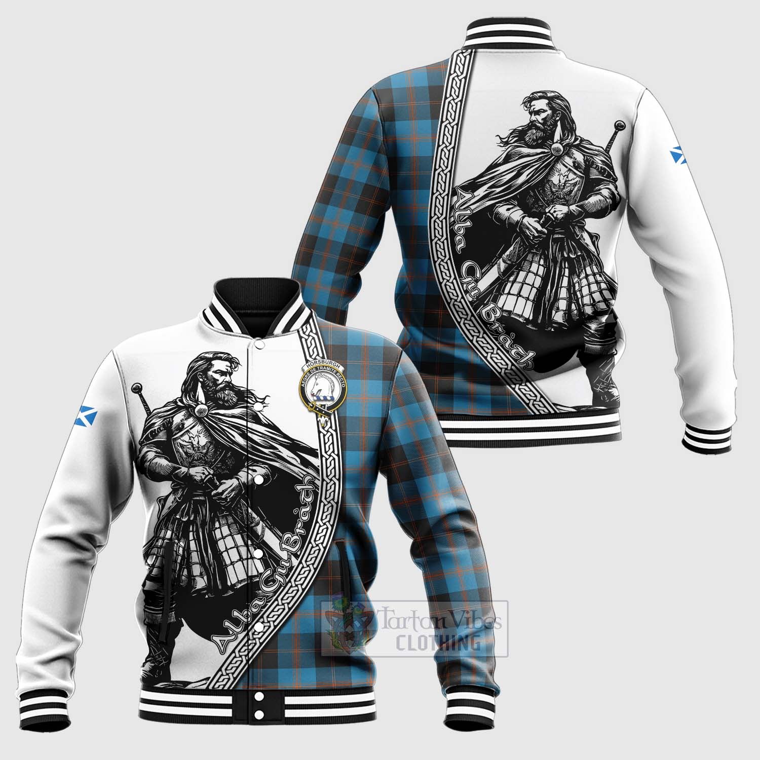Horsburgh Tartan Clan Crest Baseball Jacket with Highlander Warrior Celtic Style Unisex - Tartan Vibes Clothing