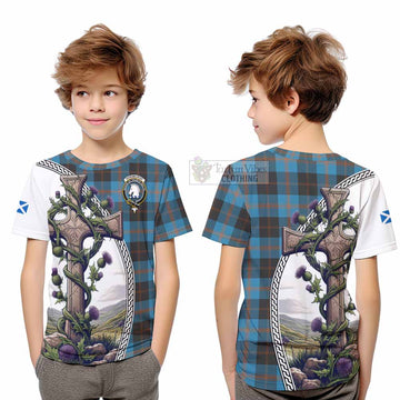 Tartan Vibes Clothing Horsburgh Tartan Kid T-Shirt with Family Crest and St. Andrew's Cross Accented by Thistle Vines