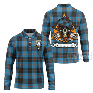 Horsburgh Tartan Long Sleeve Polo Shirt with Family Crest and Bearded Skull Holding Bottles of Whiskey Unisex - Tartan Vibes Clothing