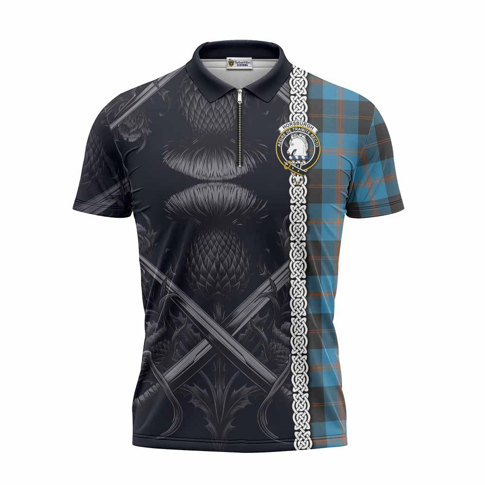 Tartan Vibes Clothing Horsburgh Tartan Zipper Polo Shirt with Family Crest Cross Sword Thistle Celtic Vibes