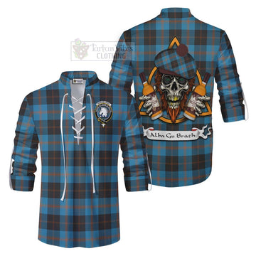 Horsburgh Tartan Ghillie Kilt Shirt with Family Crest and Bearded Skull Holding Bottles of Whiskey Men - Tartan Vibes Clothing