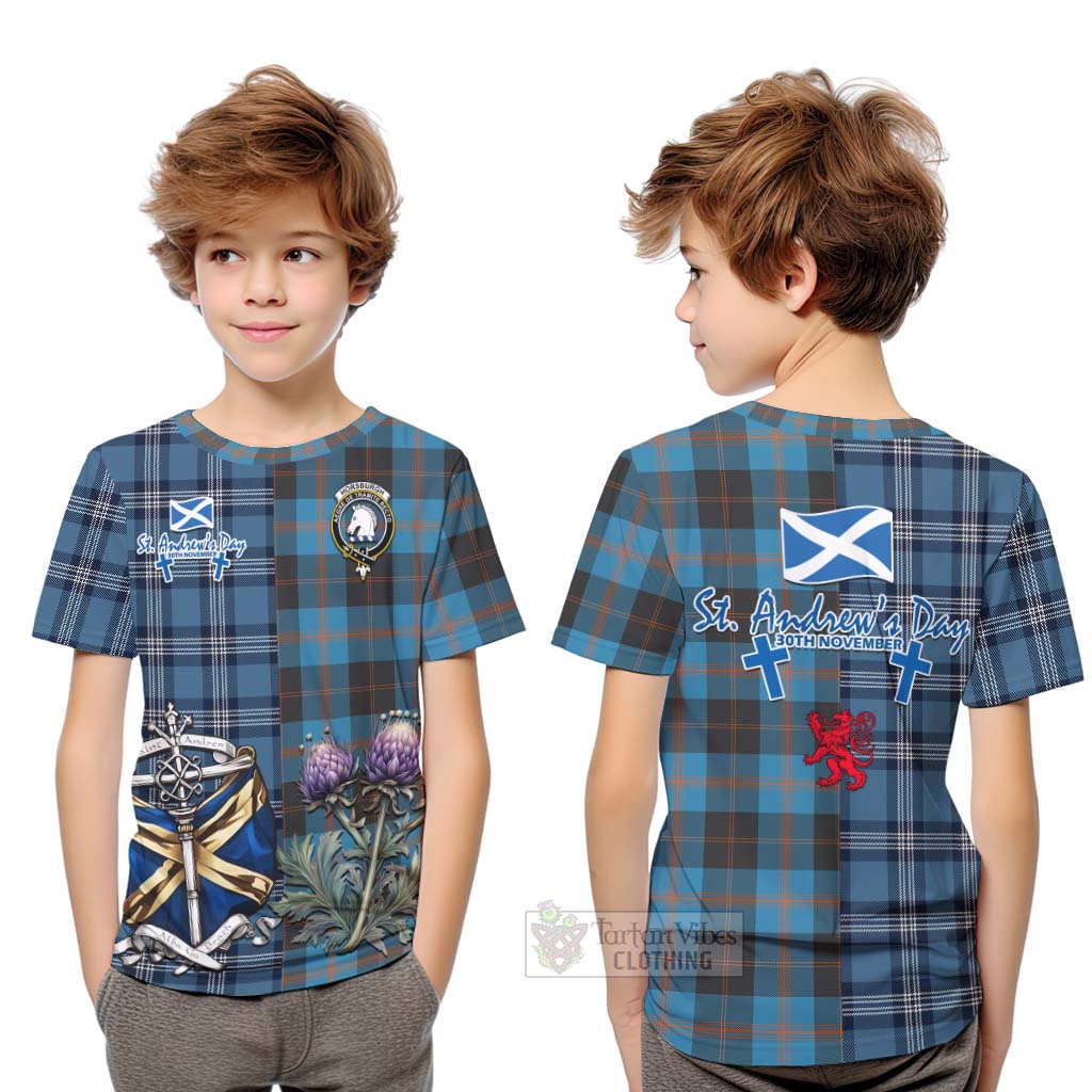 Horsburgh Tartan Kid T-Shirt Happy St. Andrew's Day Half Tartan Style Youth XL Size14 - Tartan Vibes Clothing