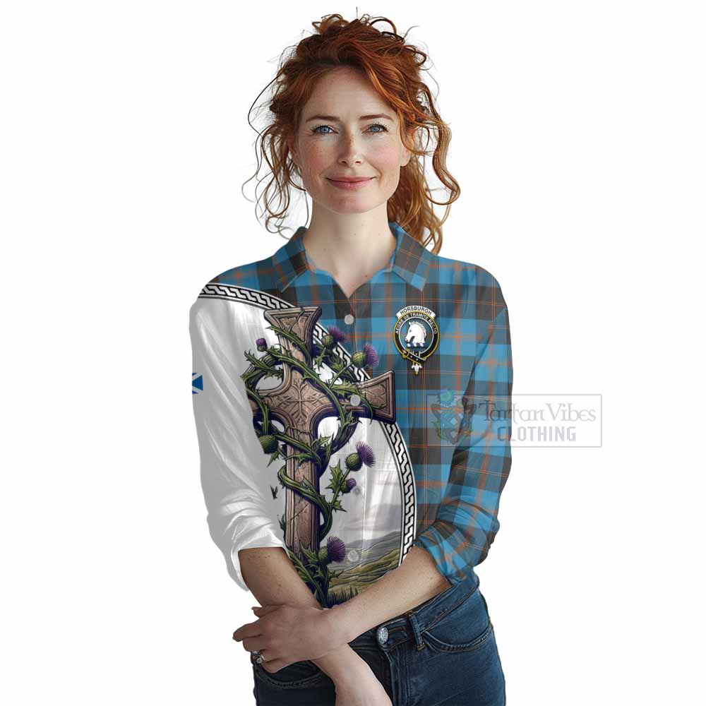 Tartan Vibes Clothing Horsburgh Tartan Women's Casual Shirt with Family Crest and St. Andrew's Cross Accented by Thistle Vines