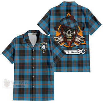 Horsburgh Tartan Hawaiian Shirt with Family Crest and Bearded Skull Holding Bottles of Whiskey Kid - Tartan Vibes Clothing