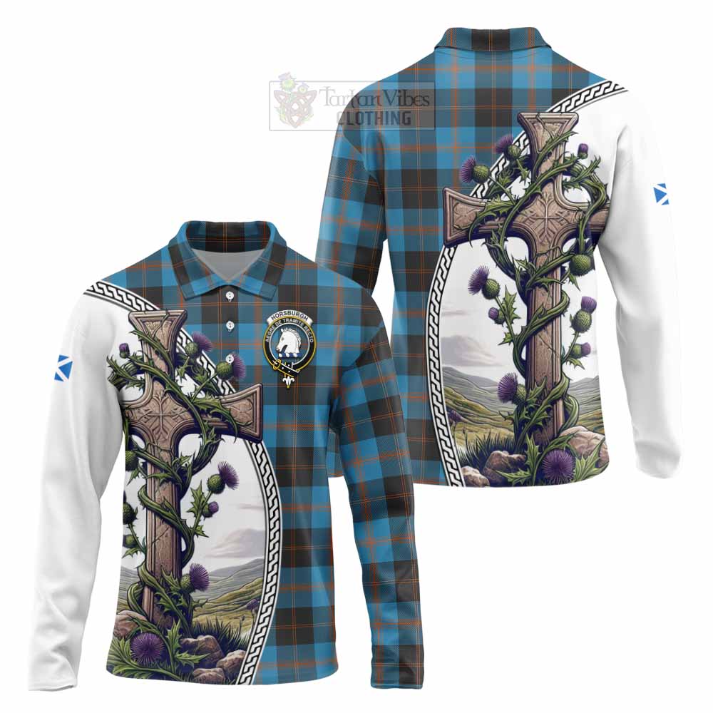 Tartan Vibes Clothing Horsburgh Tartan Long Sleeve Polo Shirt with Family Crest and St. Andrew's Cross Accented by Thistle Vines