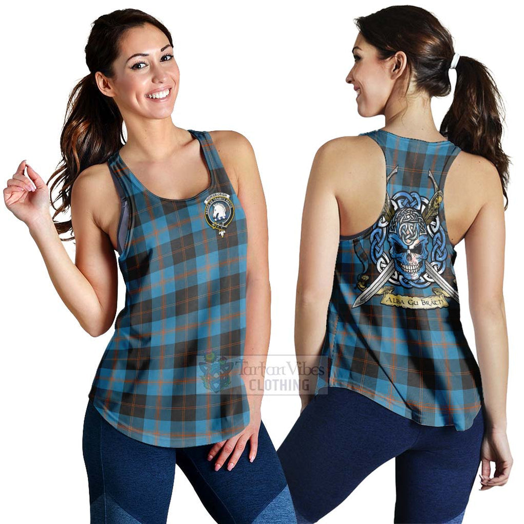 Horsburgh Tartan Women's Racerback Tanks with Family Crest Celtic Skull Style 4XL - Tartan Vibes Clothing