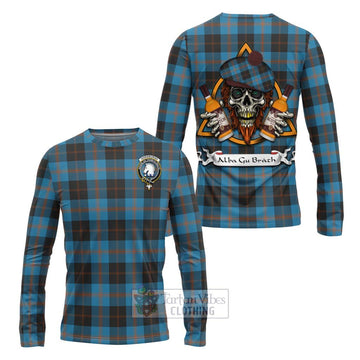 Horsburgh Tartan Long Sleeve T-Shirt with Family Crest and Bearded Skull Holding Bottles of Whiskey Unisex - Tartan Vibes Clothing