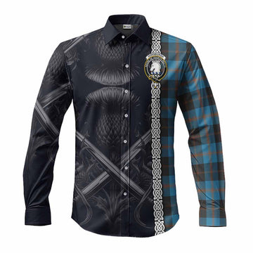 Tartan Vibes Clothing Horsburgh Tartan Long Sleeve Button Shirt with Family Crest Cross Sword Thistle Celtic Vibes