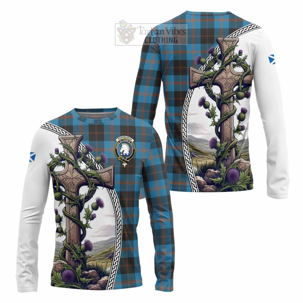 Tartan Vibes Clothing Horsburgh Tartan Long Sleeve T-Shirt with Family Crest and St. Andrew's Cross Accented by Thistle Vines