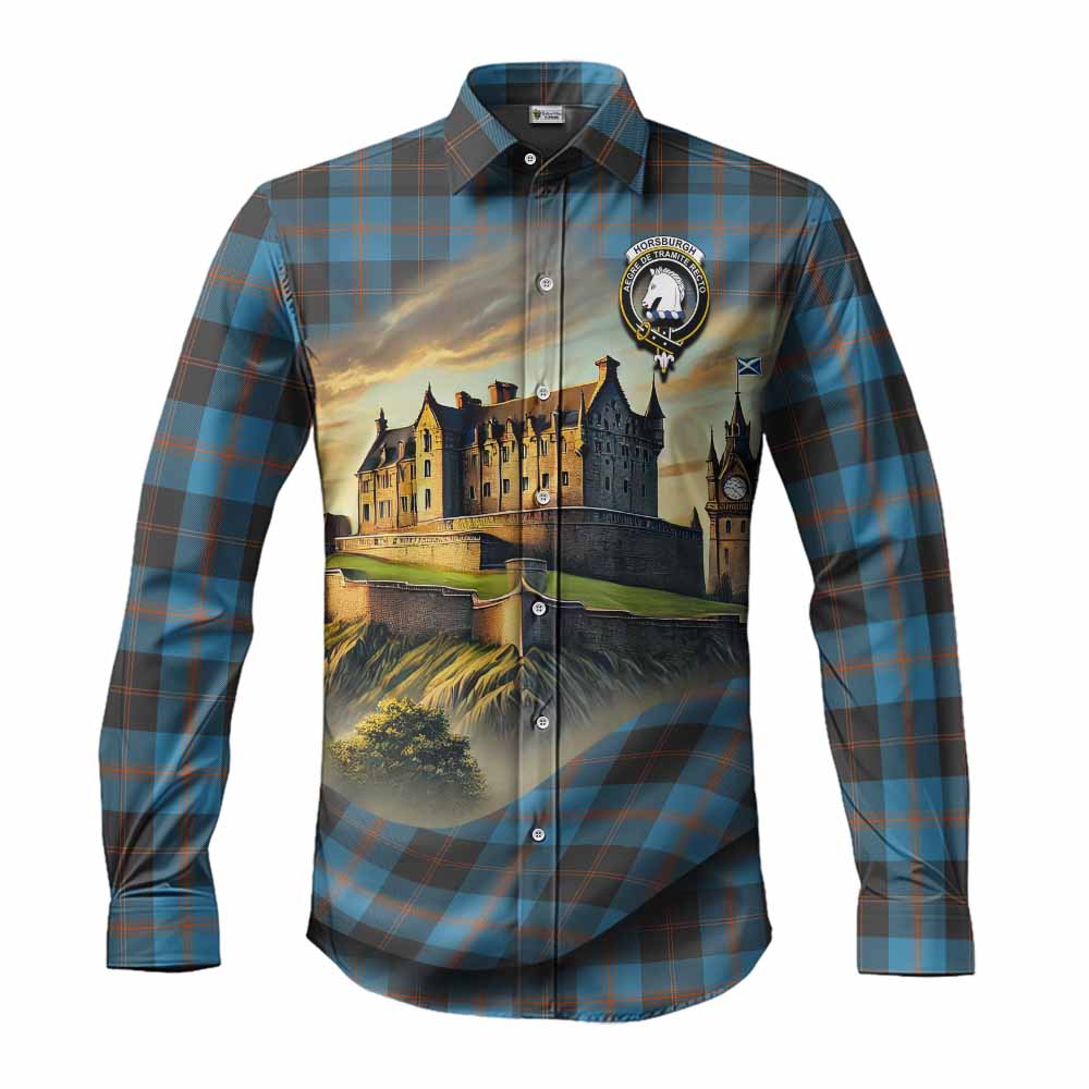 Tartan Vibes Clothing Horsburgh Tartan Family Crest Long Sleeve Button Shirt with Scottish Ancient Castle Style