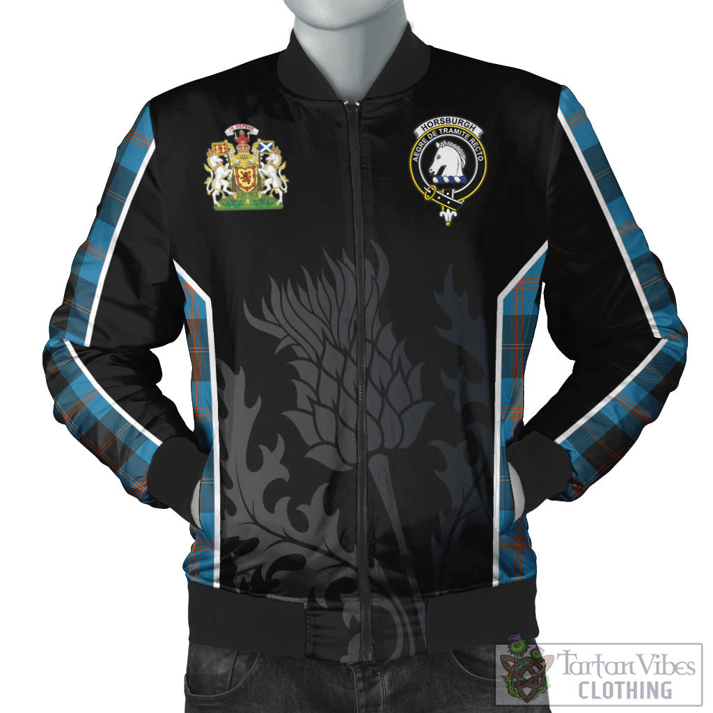 Horsburgh Tartan Bomber Jacket with Family Crest and Scottish Thistle Vibes Sport Style Unisex Black - Tartan Vibes Clothing