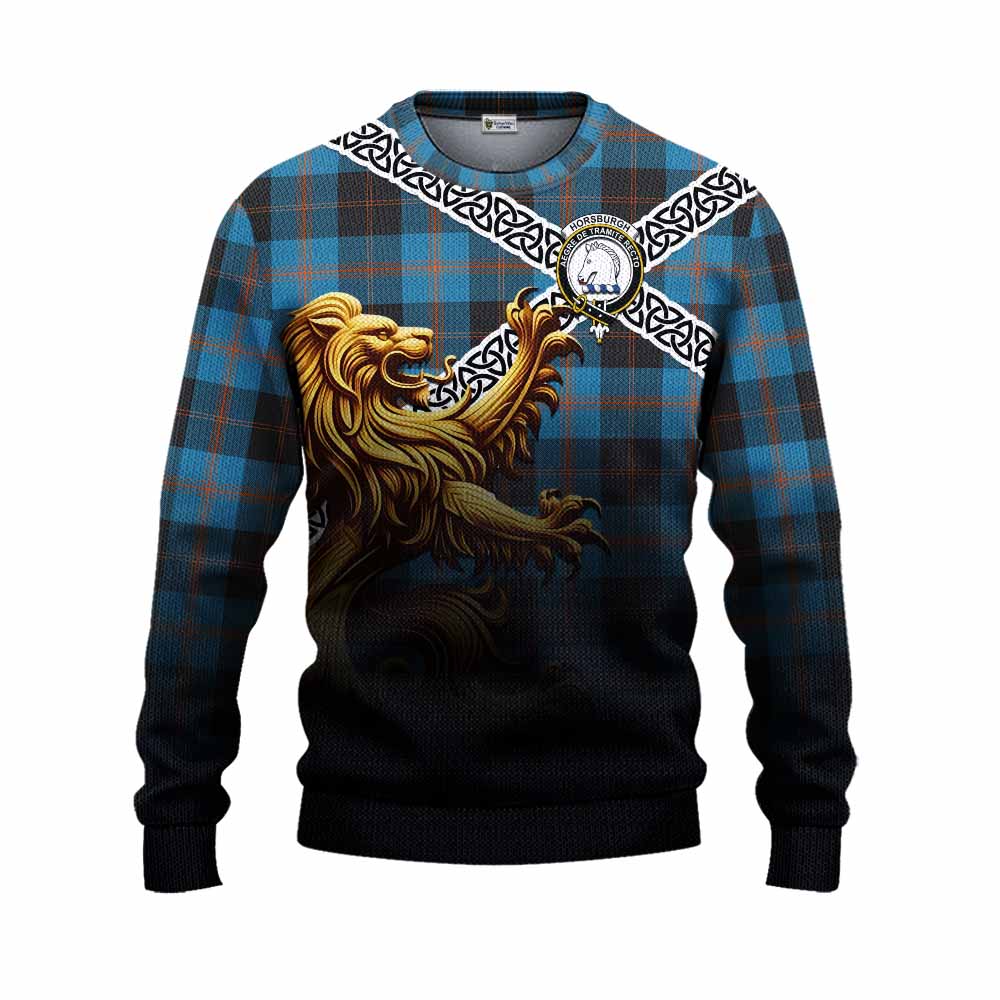 Horsburgh Crest Tartan Knitted Sweater with Golden Lion Emblem Celtic Style Unisex - Tartan Vibes Clothing