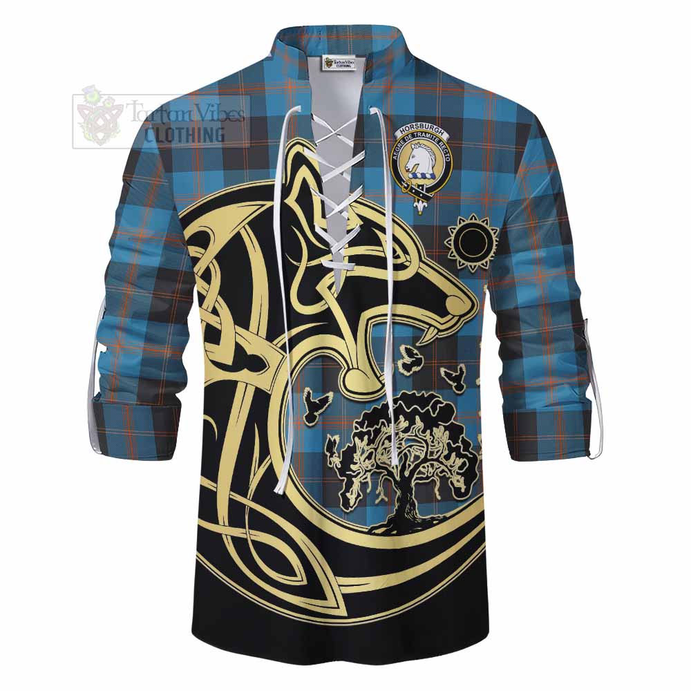 Horsburgh Tartan Ghillie Kilt Shirt with Family Crest Celtic Wolf Style - Tartan Vibes Clothing