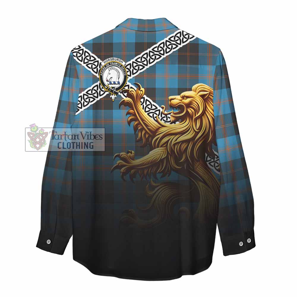 Horsburgh Crest Tartan Women's Casual Shirt with Golden Lion Emblem Celtic Style - Tartan Vibes Clothing