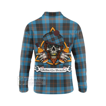 Horsburgh Tartan Long Sleeve Polo Shirt with Family Crest and Bearded Skull Holding Bottles of Whiskey - Tartan Vibes Clothing