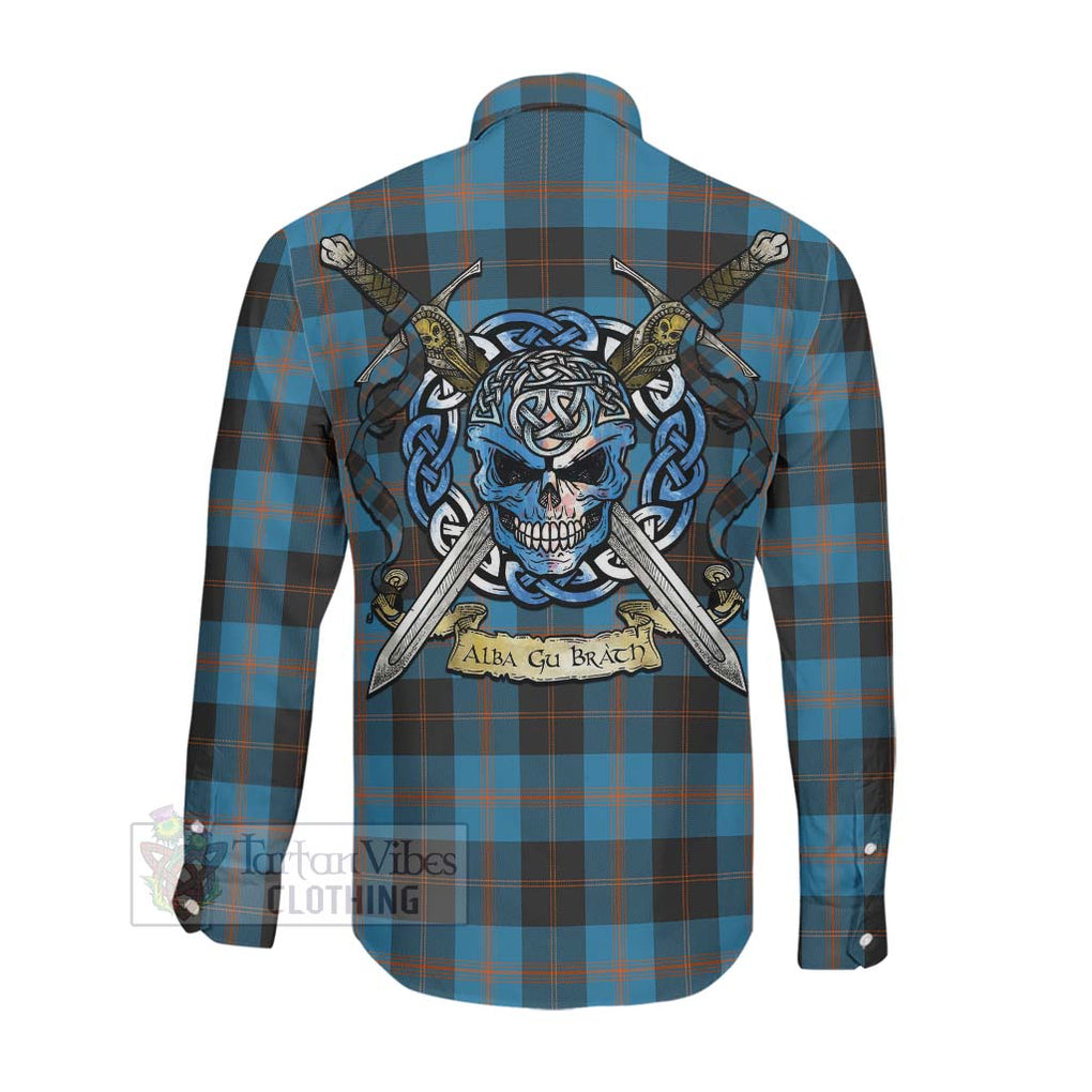 Tartan Vibes Clothing Horsburgh Tartan Long Sleeve Button Shirt with Family Crest Celtic Skull Style