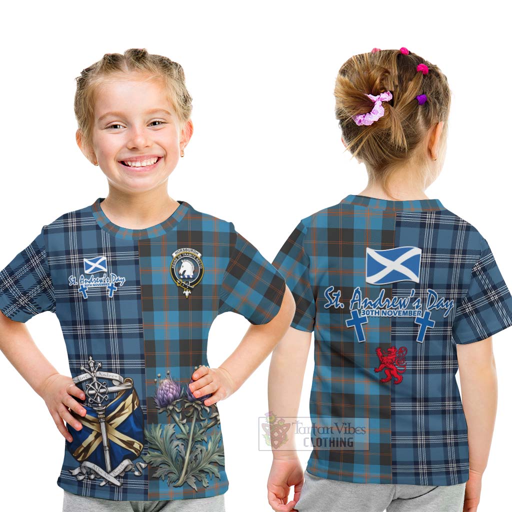 Horsburgh Tartan Kid T-Shirt Happy St. Andrew's Day Half Tartan Style - Tartan Vibes Clothing