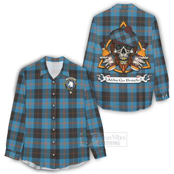 Horsburgh Tartan Women's Casual Shirt with Family Crest and Bearded Skull Holding Bottles of Whiskey - Tartan Vibes Clothing