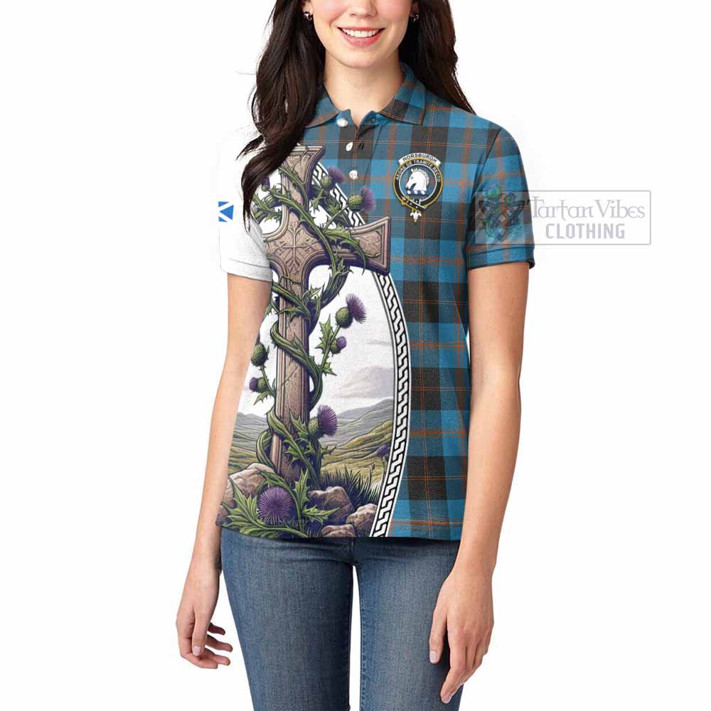 Tartan Vibes Clothing Horsburgh Tartan Women's Polo Shirt with Family Crest and St. Andrew's Cross Accented by Thistle Vines