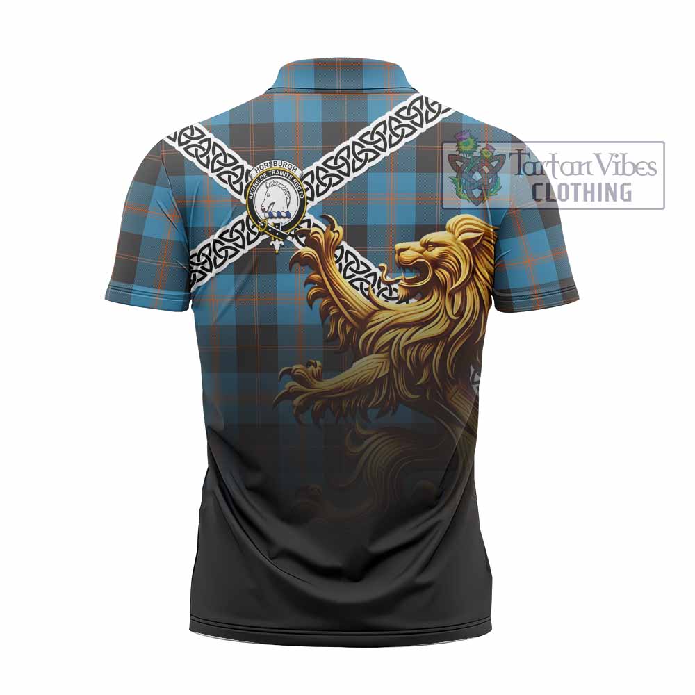 Horsburgh Crest Tartan Zipper Polo Shirt with Golden Lion Emblem Celtic Style - Tartan Vibes Clothing